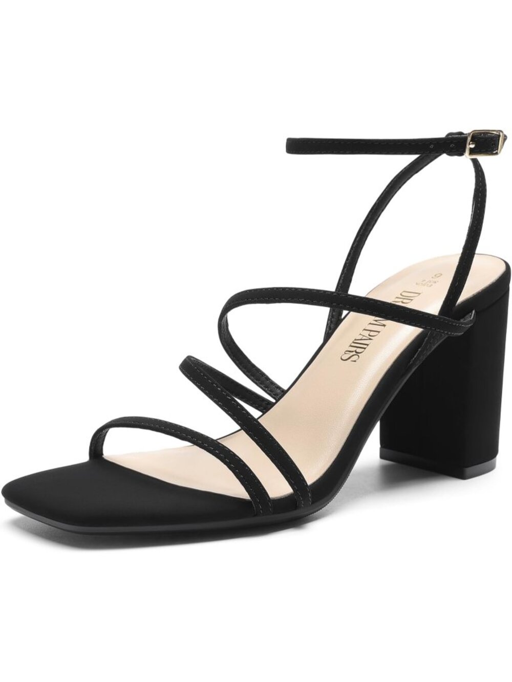Women's Black Faux Leather  Thin Straps Square-Toe Design Chunky Heel Sandal